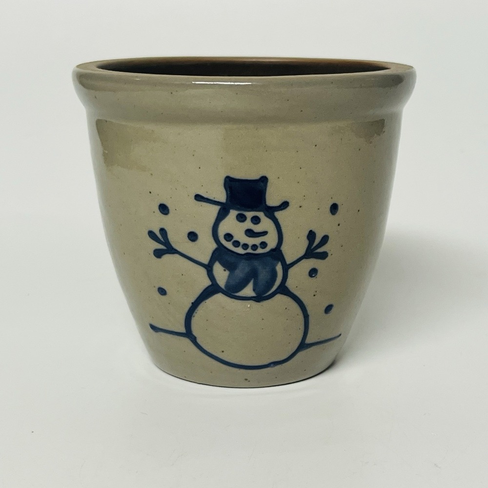 BBP 1997 Vintage Salt Glaze Stoneware Snowman Crock Pot Tan Blue Farmhouse